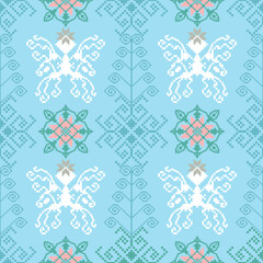  Traditional Thai cloth pattern clothing Thai ethnic sarong Cross-stitch pattern in Pixel Seamless Vector format using geometric shapes arranged into various shapes such as flowers, stars