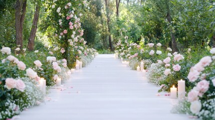 Romantic garden aisle with pink roses, candles, and white pathway.