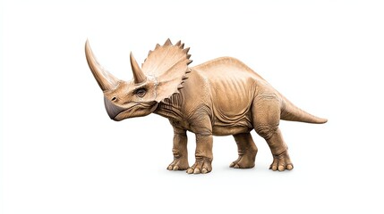 Fototapeta premium A realistic model of a Triceratops dinosaur, featuring its iconic three horns and frilled neck, displayed in a neutral setting.