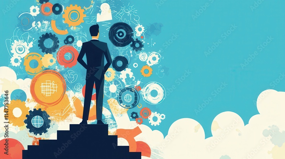 Aufkleber person analyzing business objectives in a creative setting with gears and concepts in background