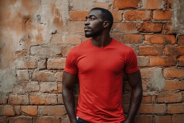 African male model standing in empty red t shirt against brick wall