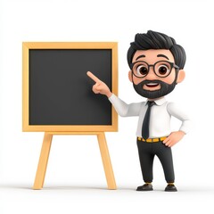 A cartoon character with glasses and a beard points to a blank chalkboard, dressed in a white shirt and tie, showcasing a friendly, educational vibe.