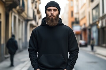 Fototapeta premium Hipster guy wearing black hoodie and hat mockup.