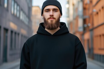 Fototapeta premium Urban hipster mockup man in black hoodie with logo space.