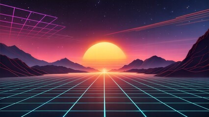 Retro background futuristic landscape 1980s style. Vector perspective grid. 80s sci-fi or game style. Retro neon background