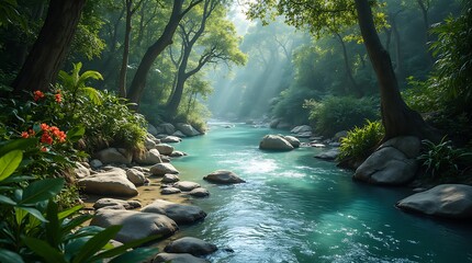 Obraz premium Serene Tropical River Winding Through Lush Rainforest, Generative AI