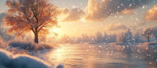 Fototapeta premium Snowy winter landscape at sunset with frosted trees.