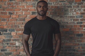 African American man in blank black t shirt against brick wall.