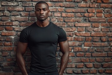 Obraz premium African American man in blank black t shirt against brick wall.