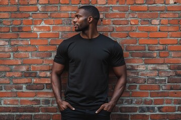 Obraz premium African American man in blank black t shirt against brick wall.