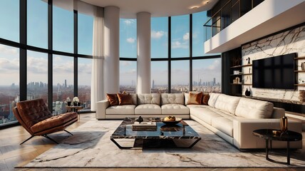 Penthouse living room with panoramic city views, luxurious modern design, leather sofas, marble accents, and stylish decor, 3D render.