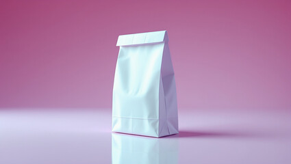 Minimalist White Paper Bag Mockup on a Gradient Background with Soft Purple Light Reflecting a Clean and Modern Packaging Design