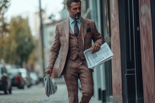 Handsome man in checked suit walking on the street with newspaper