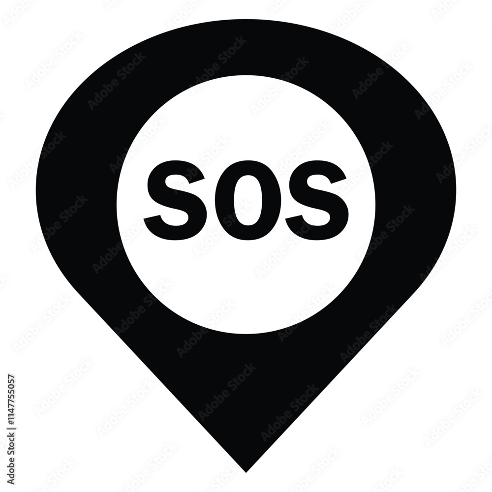 Poster marker location with sos. marker location with sos icon isolated on white background. sos alarm phon