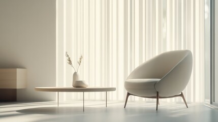 Minimalist modern living room with clean, sophisticated design. Featuring sleek lines and muted tones