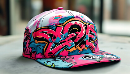 Bold streetwear snapback cap with vibrant graffiti art design, showcasing colorful patterns and urban style. Perfect for fashion enthusiasts and street culture lovers