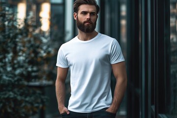 Fototapeta premium Hipster male model in blank white t shirt for logo design.