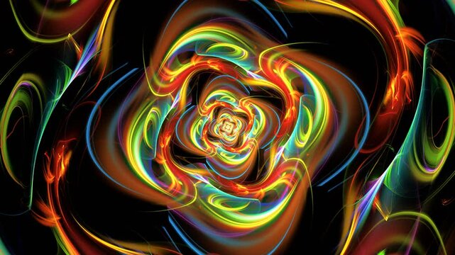 Liquid coruscating shapes flowing, vibrating, fluctuating on black background. Rotation of colorful glowing rhombic construction. Fractal lambent backdrop whirling motion. 4K UHD 4096x2304