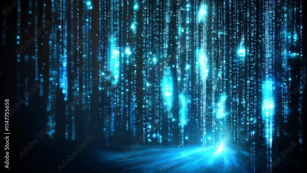 Poster enchanting blue light beams create a mesmerizing digital waterfall in a dark space