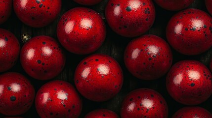 Top view of red christmas ornaments with shiny surface, scattered on a festive holiday background with sparkling details, perfect for seasonal decorations and new year celebrations.


