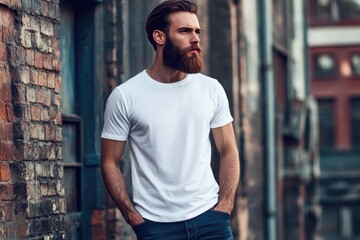 Fototapeta premium Hipster male model in blank white t shirt for logo design.
