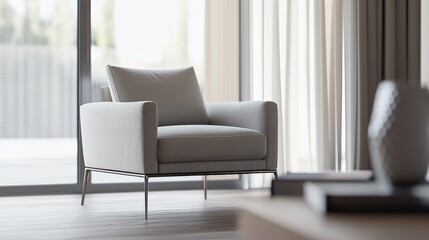 Minimalist modern living room with clean, sophisticated design. Featuring sleek lines and muted tones