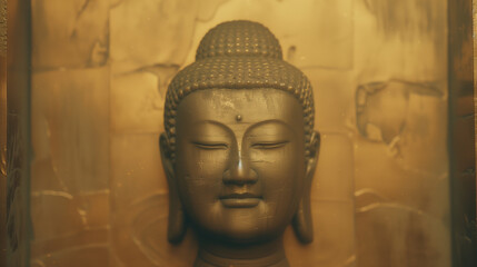 Close-up of a serene Buddha statue illuminated by golden sunlight