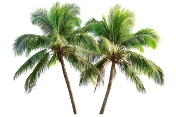 Obraz premium Two lush green coconut palm trees isolated on white background.