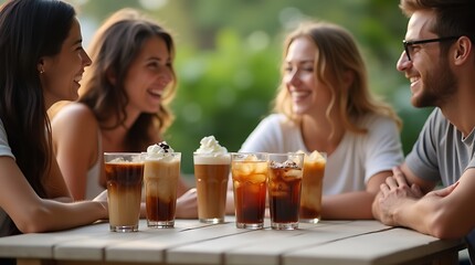 Happy friends enjoying iced drinks outdoors, Generative AI