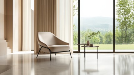 Fototapeta premium Minimalist modern living room with clean, sophisticated design. Featuring sleek lines and muted tones