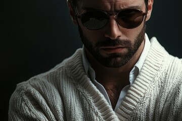 Obraz premium Stylish man wearing sunglasses and white shirt with tied sweater on shoulders