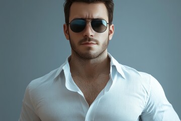 Obraz premium Stylish man wearing sunglasses and white shirt with tied sweater on shoulders
