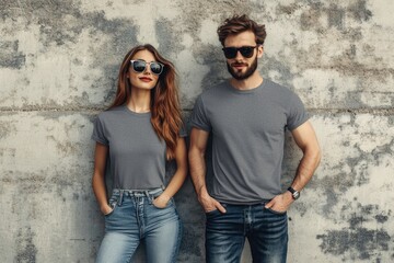 Hipster couple in urban fashion with blank t shirts.