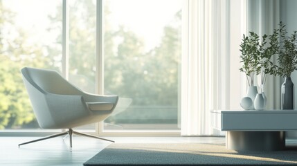 Fototapeta premium Minimalist modern living room with clean, spacious decor. Featuring sleek lines and muted colors