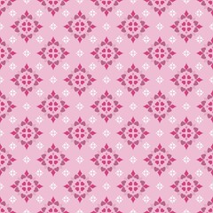 Valentine’s Day seamless pattern design, white and pink hearts with rhombus in flowery composition.