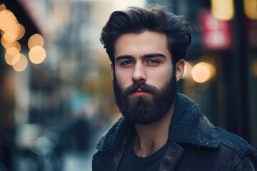 Fototapeta premium Fashionable young man with beard and modern style in city.