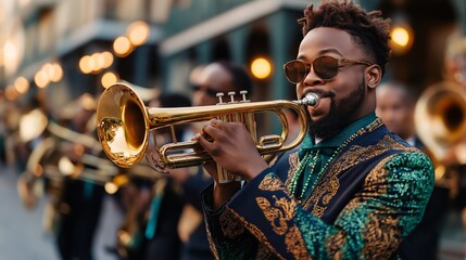 Obraz premium A jazz trumpet player in a decorative green and gold outfit performing during a Mardi Gras parade, with warm streetlights and festive atmosphere in the French Quarter