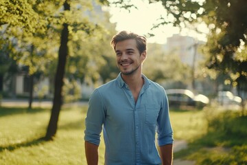 Young man in blue shirt relaxes in city park.