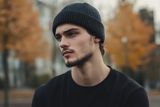 Young man wearing a beanie and a black t shirt outdoors
