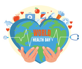 World Health Day with heart shaped Earth and Medical Equipment for the Importance of Healthy Living and Lifestyle.