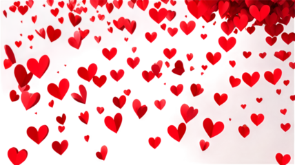 Diagonal flow of red heart papers gracefully falling, offering a natural and soothing visual effect on a clear background.