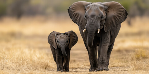 A majestic adult elephant walks alongside its calf in a golden savannah, heartwarming