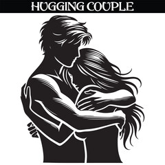 Hugging Couple Silhouette of Romantic Couple in Black and White