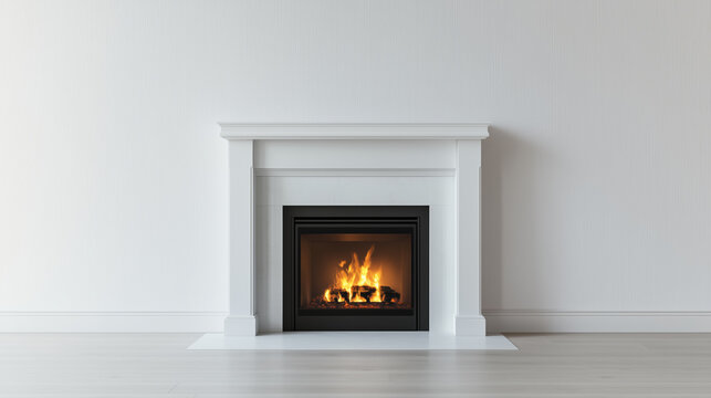 Elegant white mantel fireplace with a cozy, glowing fire, set against a minimalist interior with clean lines