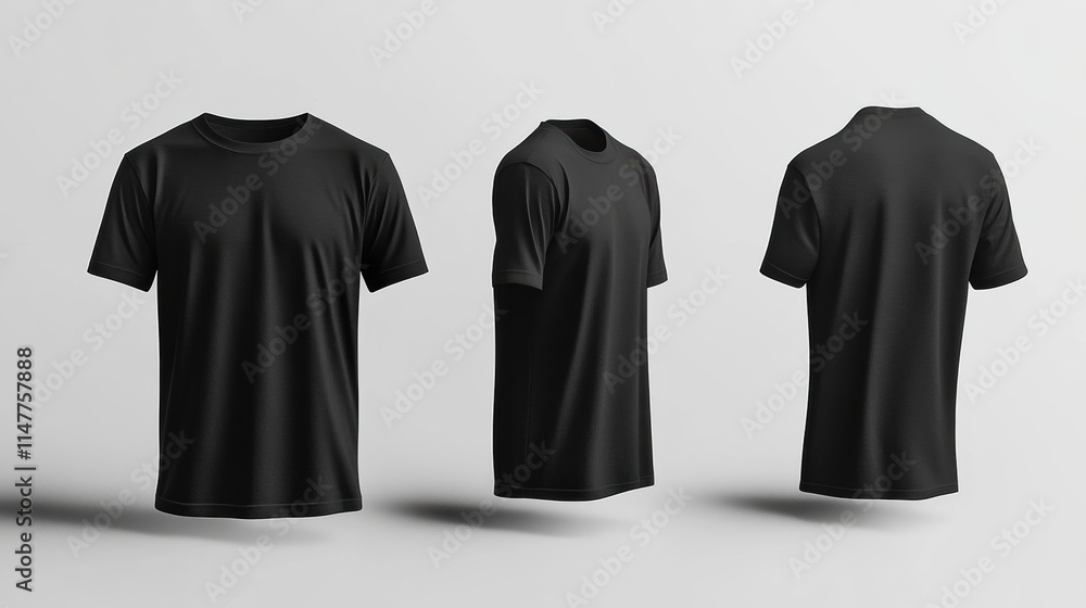 Poster mockup of three black t shirts from different angles ready for design placement and customization op