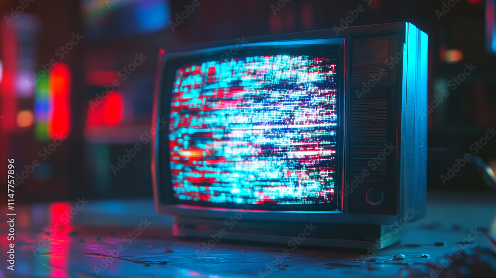 Poster old television screen displaying colorful static in dimly lit room.