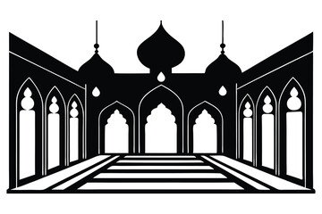 Silhouette of a magnificent mosque interior featuring a grand chandelier, elegant arches, vibrant carpets, and natural light streaming through beautifully crafted windows.