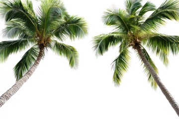 Two lush green coconut palm trees isolated on white background, viewed from below.