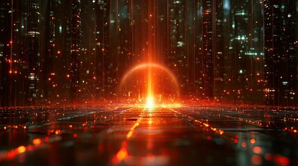Obraz premium Futuristic cityscape with orange glowing portal.