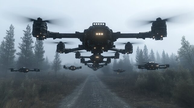 Futuristic drones flying in formation over a misty forest road.